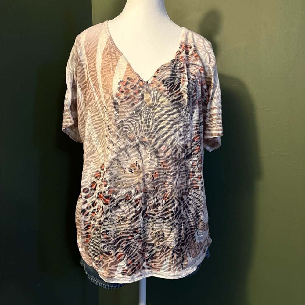 Chico's Animal Print Embellished V-Neck Top Size 2